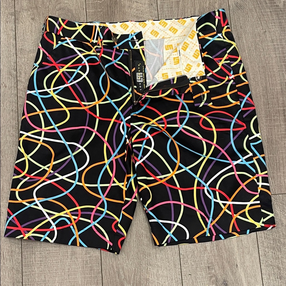 Loudmouth Black Shorts with Vibrant Scribble Bermuda Swirl Gold Shorts Size 36 - Picture 4 of 10